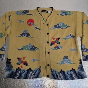 Vintage Christine Foley Cardigan Sweater Women's Size 2 Medium Cloud Bird Waves